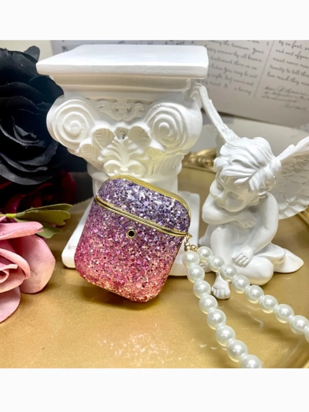 2 items.AirPods 1/2 luxury glitter gradient dazzled case with pearl chain
